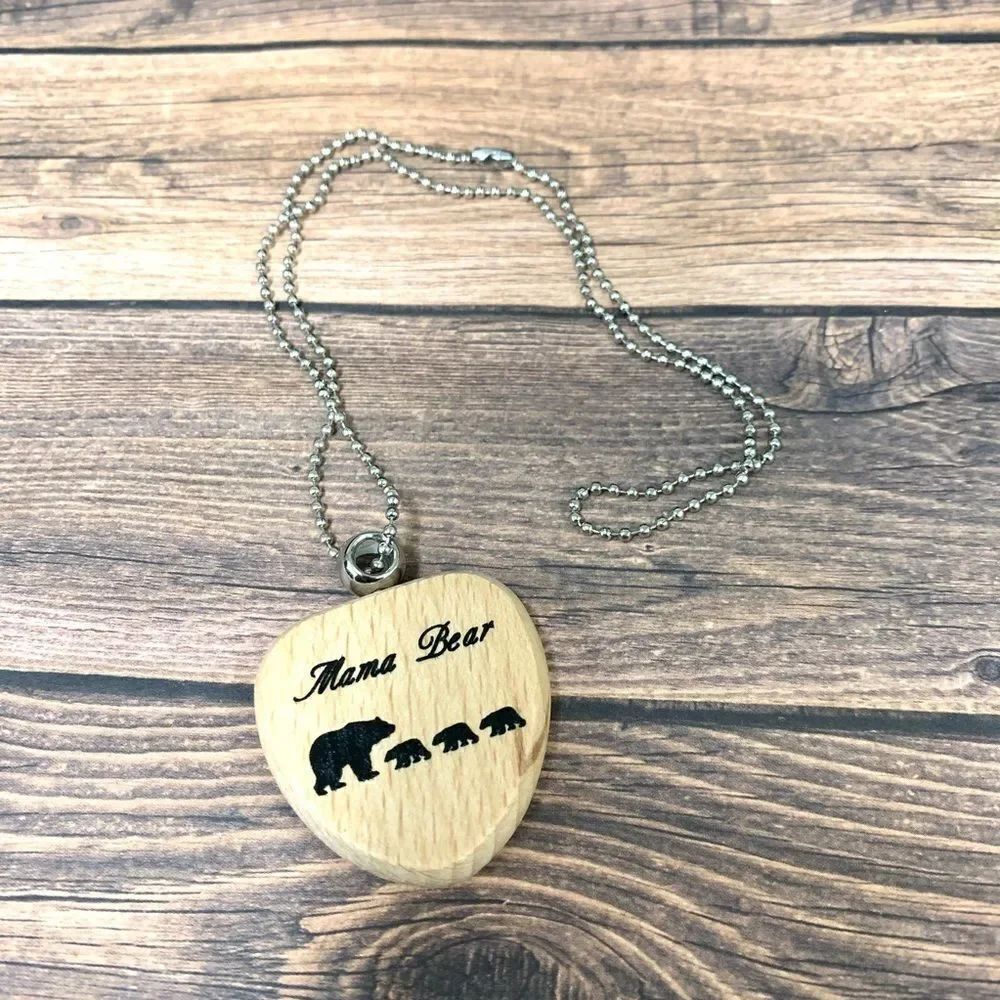 Mama Bear 3 Cub Wooden Heart Necklace‎